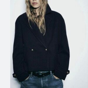 Zara Double-Breasted Jacket with Gold Buttons Relaxed Pea Coat - Navy Blue